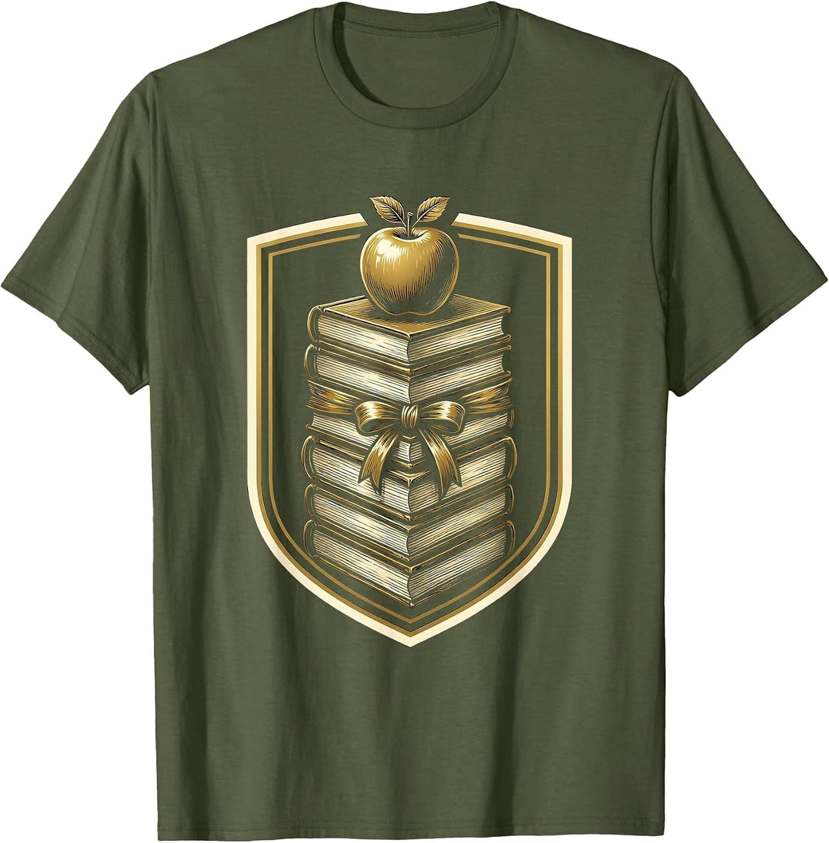 Middle School Teacher Stacked Books Apple Graphic T-Shirt - Olive Green