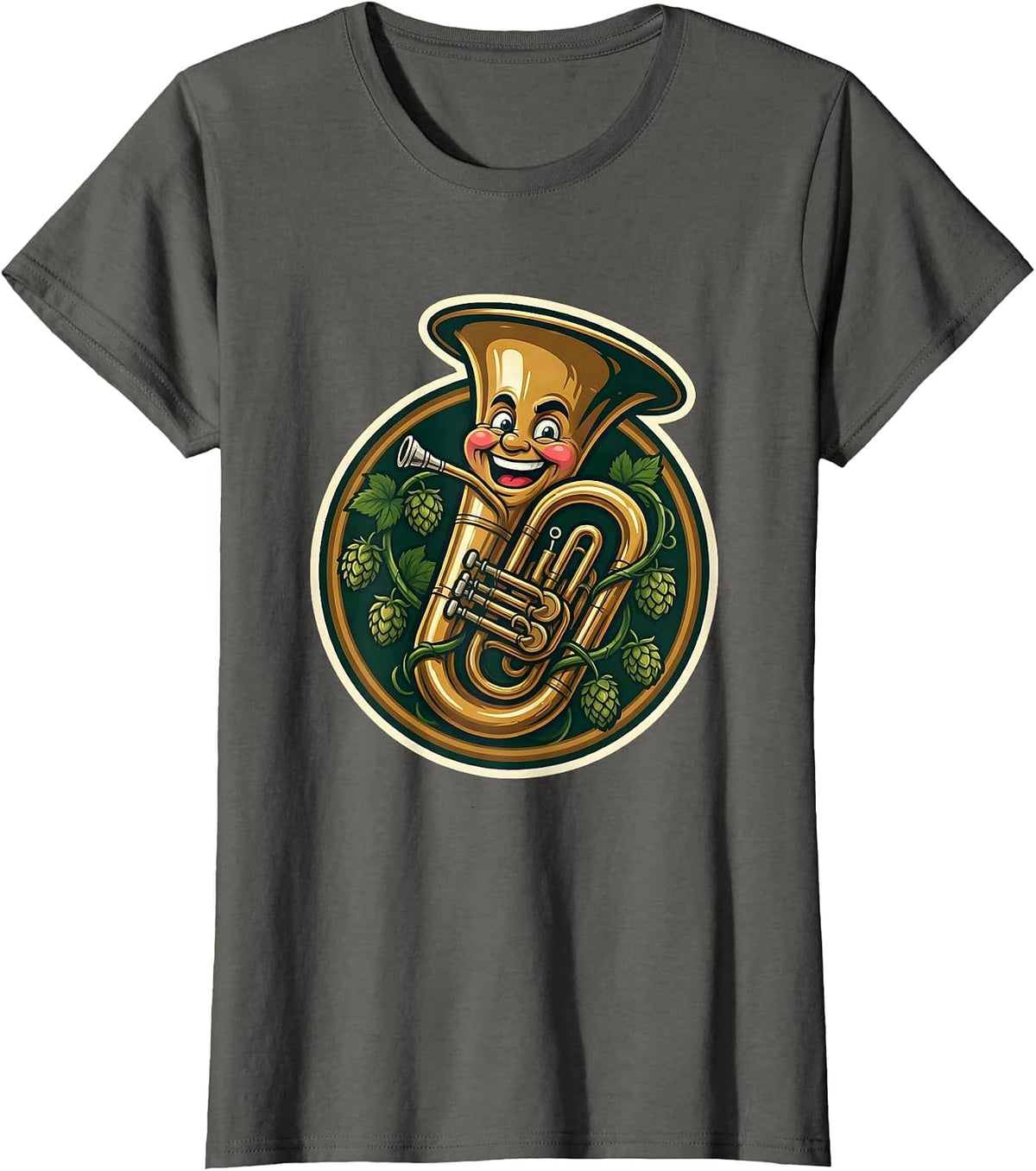 Women's Oktoberfest Tuba Wrapped in Hop Vines Design T-Shirt - Asphalt Grey