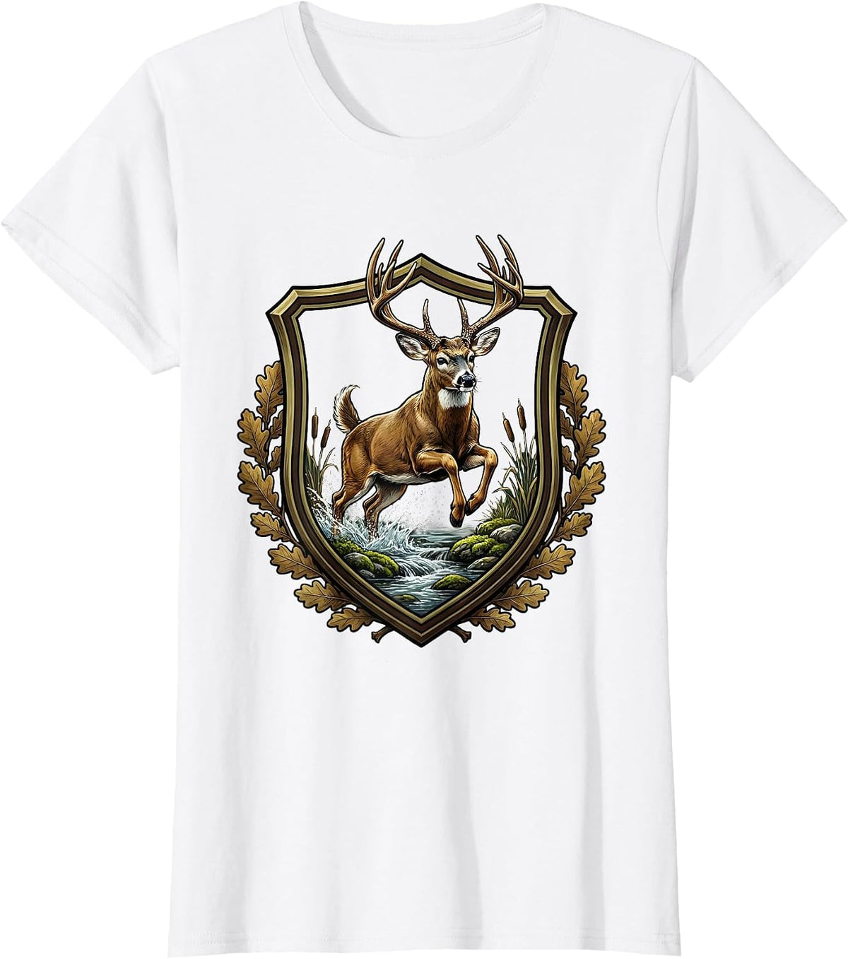 Women's Whitetail Buck Leaping Over Mossy Creek Camo T-Shirt - White