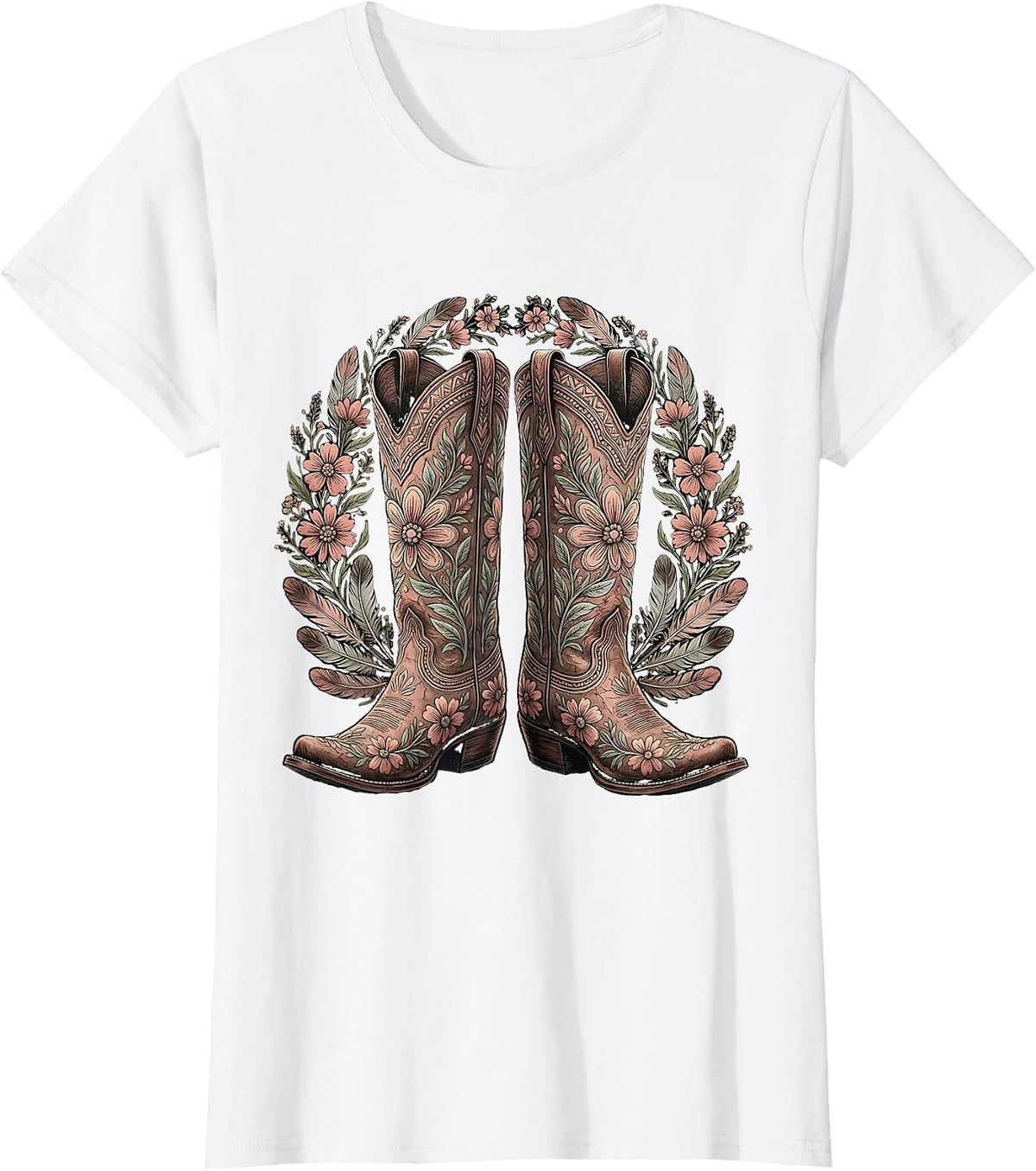 Nashville Cowboy Boots Floral Embroidery Design T-Shirt - White