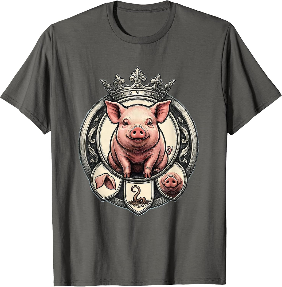Men's Potbellied Pig Crest Cute Cartoon Pig Lover Emblem T-Shirt - Asphalt Grey