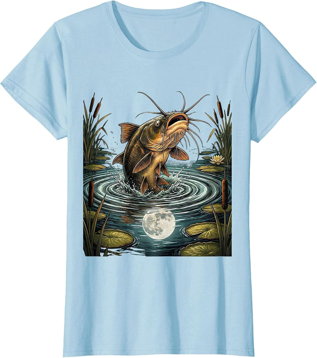 Boys Fishing Catfish Night Scene Graphic T-Shirt - Baby Blue