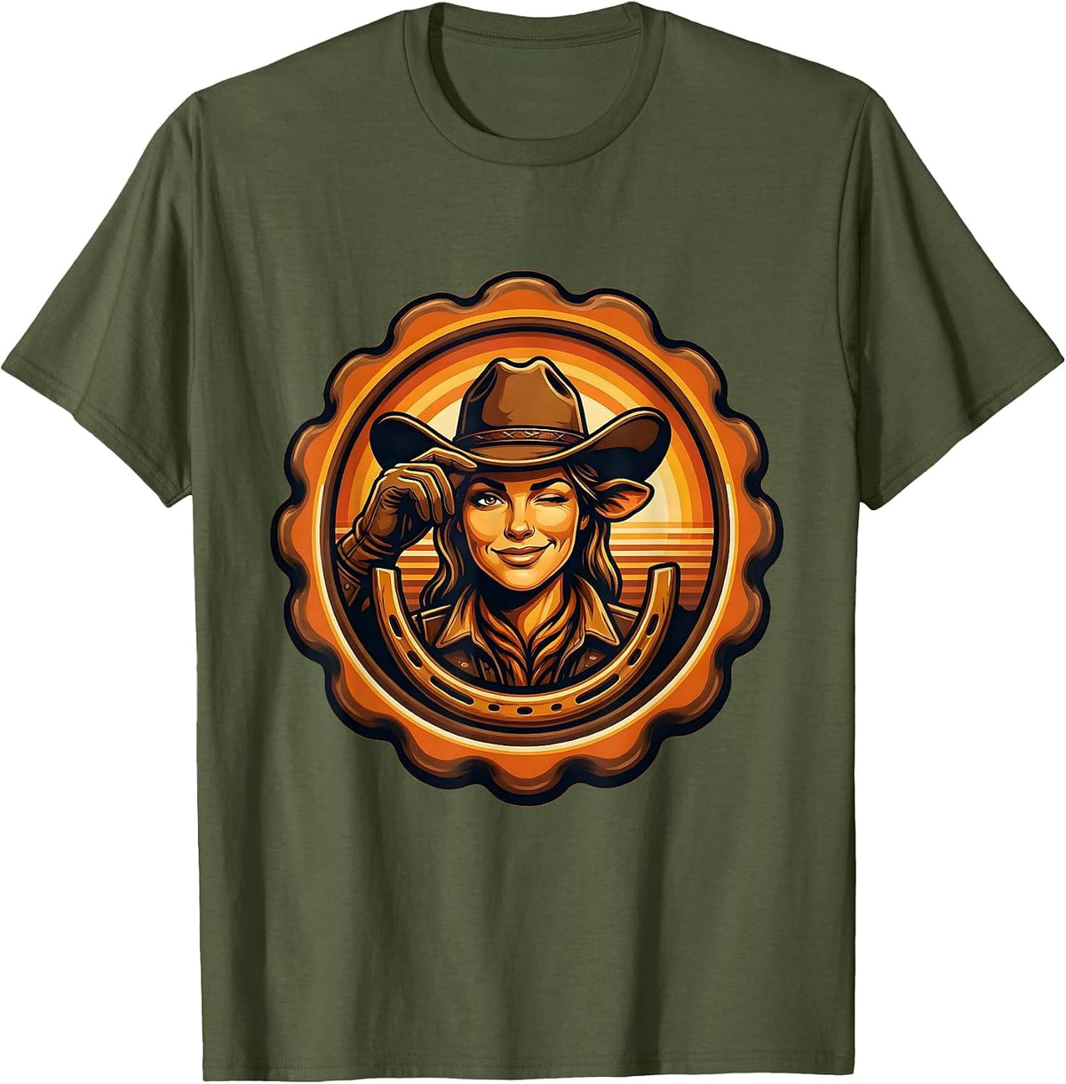 Cowgirl Tipping Hat Winking Western Graphic T-Shirt - Olive Green