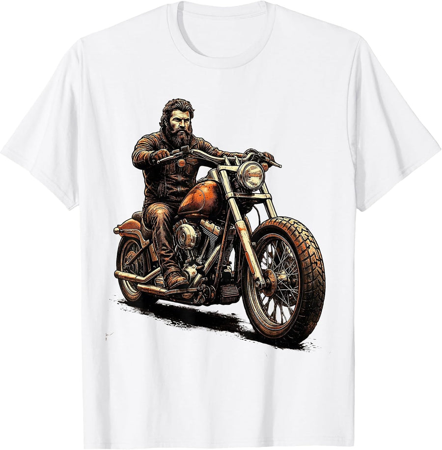 Men's Vintage Bearded Biker Chopper Motorcycle Graphic T-Shirt - White
