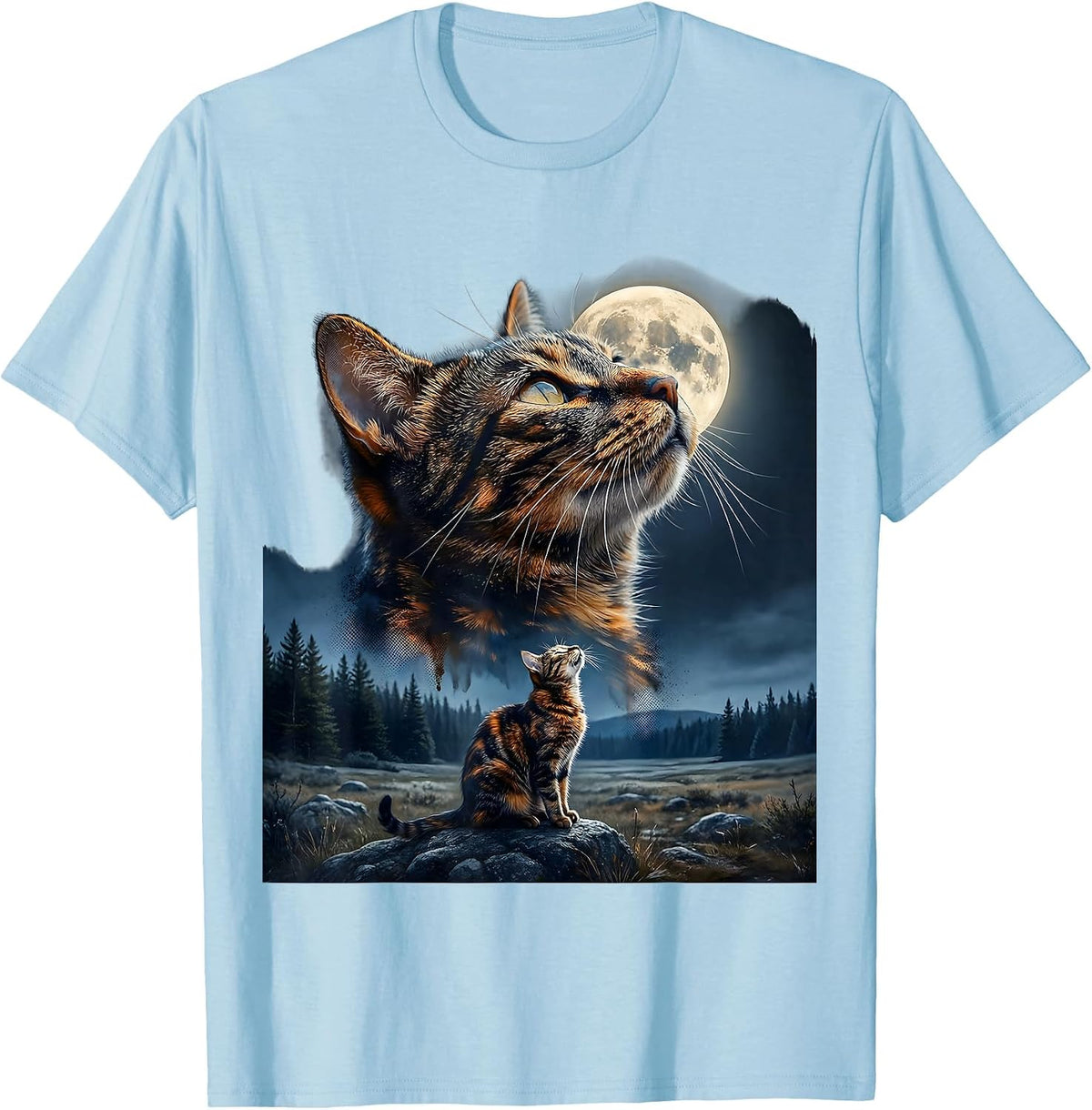 Men's Tortoiseshell Cat Howling at Moon 90's Retro T-Shirt - Baby Blue
