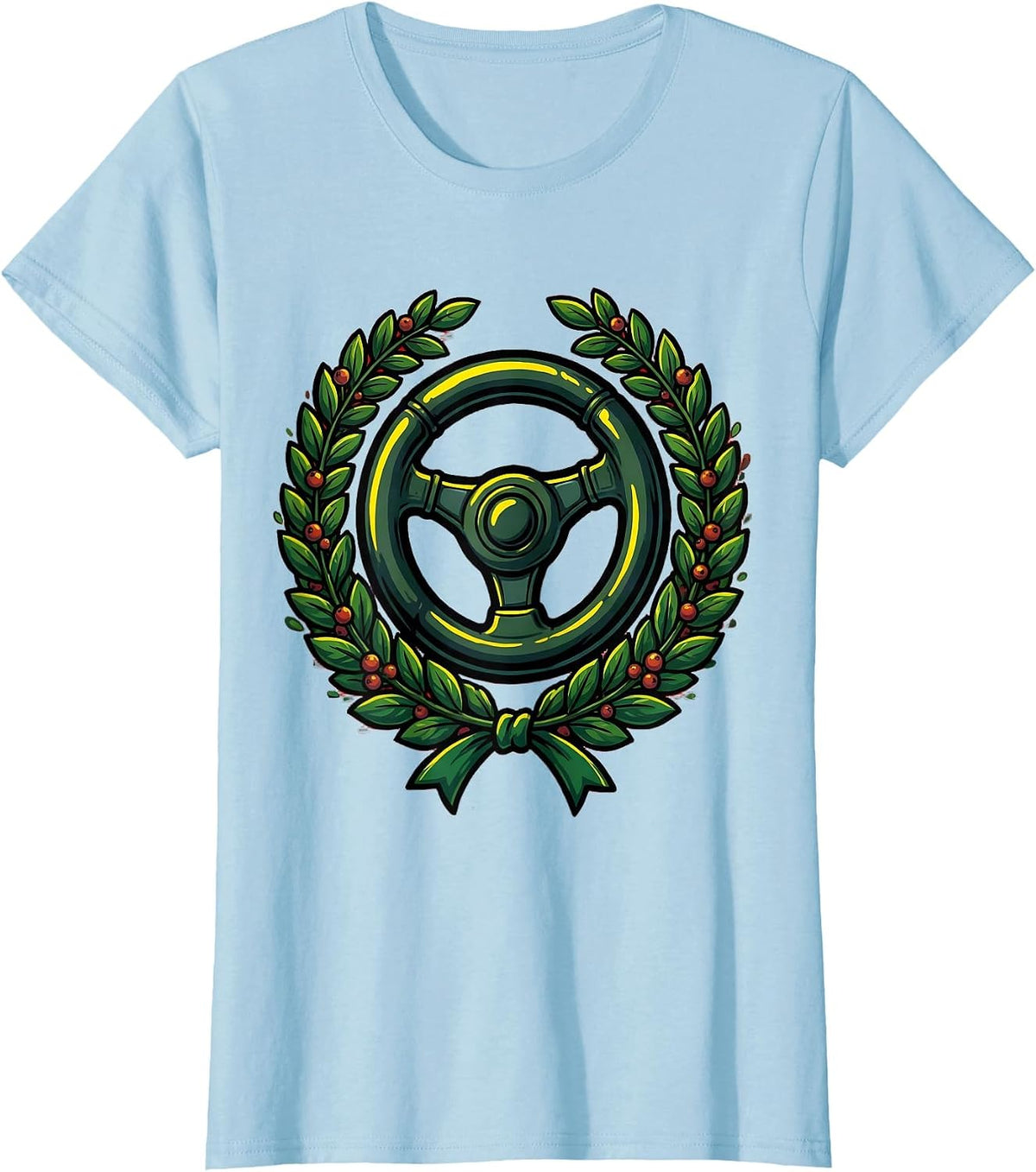 School Bus Driver Laurel Wreath Steering Wheel T-Shirt - Baby Blue
