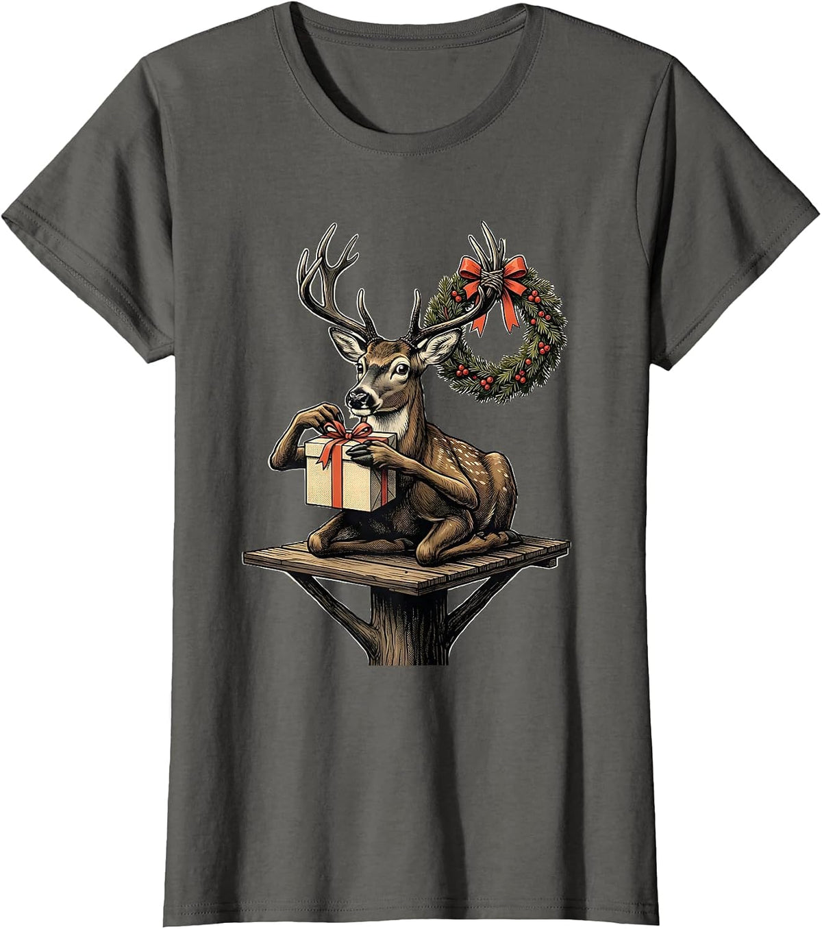 Women's Deer Hunter Gift Midcentury Modern Christmas T-Shirt - Asphalt Grey
