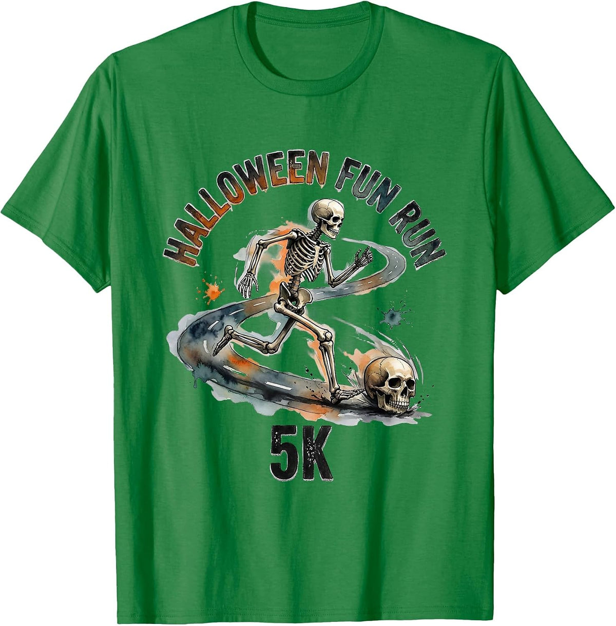 Men's Halloween Fun Run 5K Funny Skeleton Runner Watercolor T-Shirt - Kelly Green