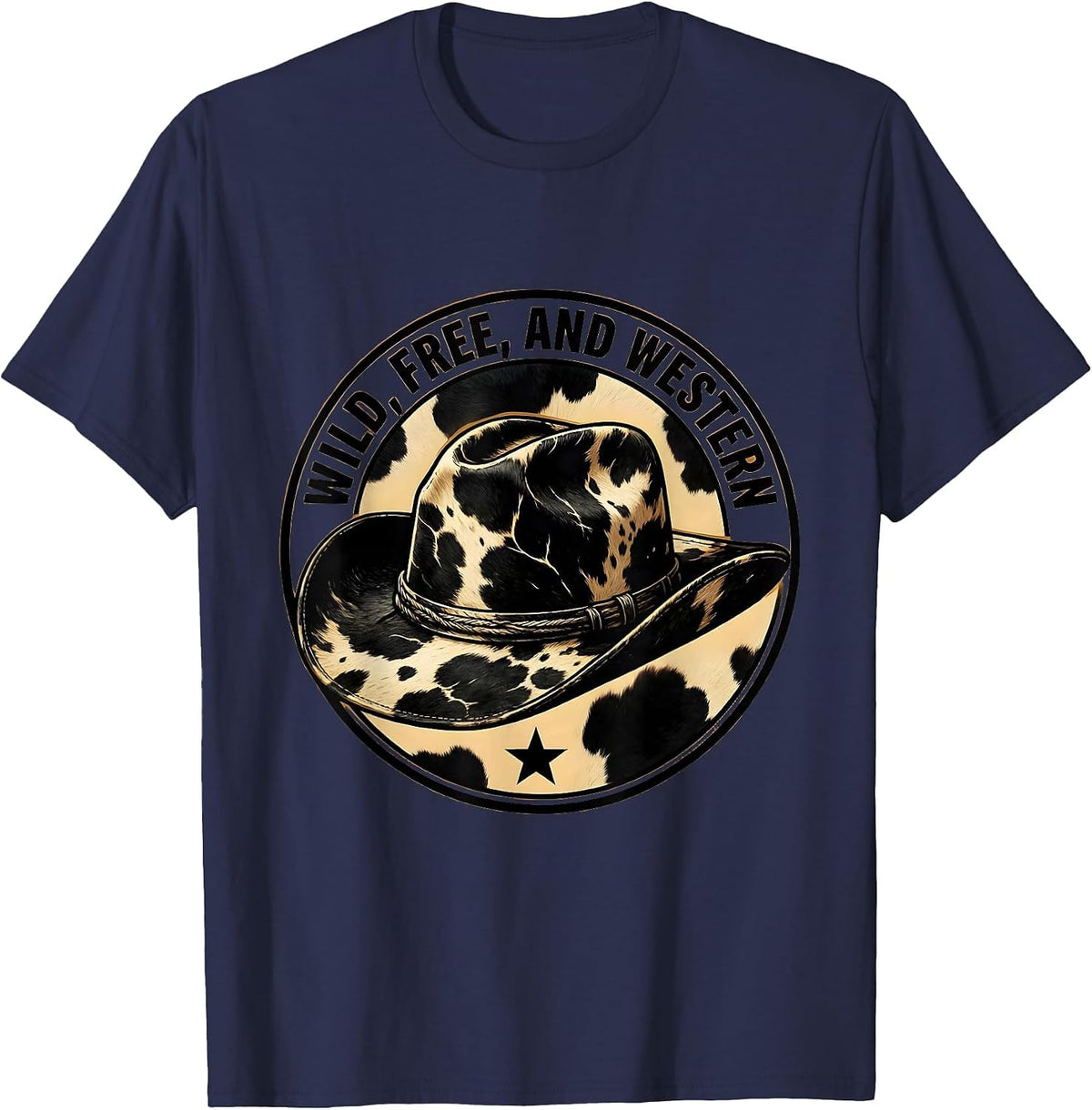 Wild Free and Western Cowgirl Design T-Shirt - Navy Blue