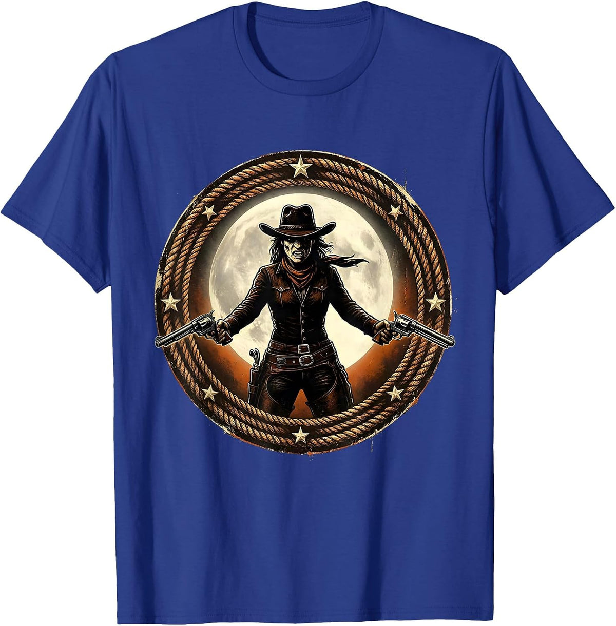 Men's Fierce Cowgirl Drawing Pistols Under Full Moon T-Shirt - Royal Blue