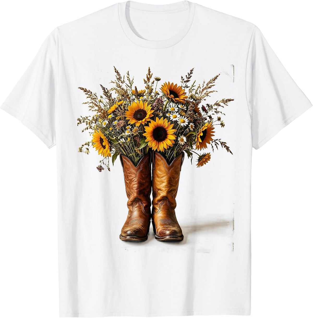 Cowboy Boots Wildflowers 90s Country Floral Design T-Shirt - White