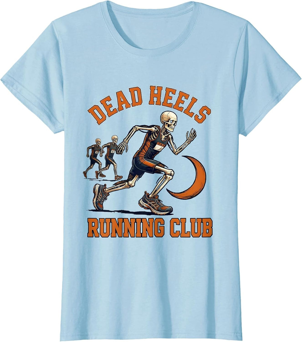 Women's Dead Heels Running Club Funny Skeleton Halloween Runner T-Shirt - Baby Blue