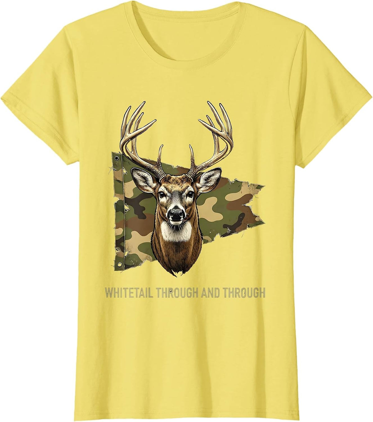 Whitetail Through And Through Distressed Camo Deer Hunter T-Shirt - Lemon Yellow