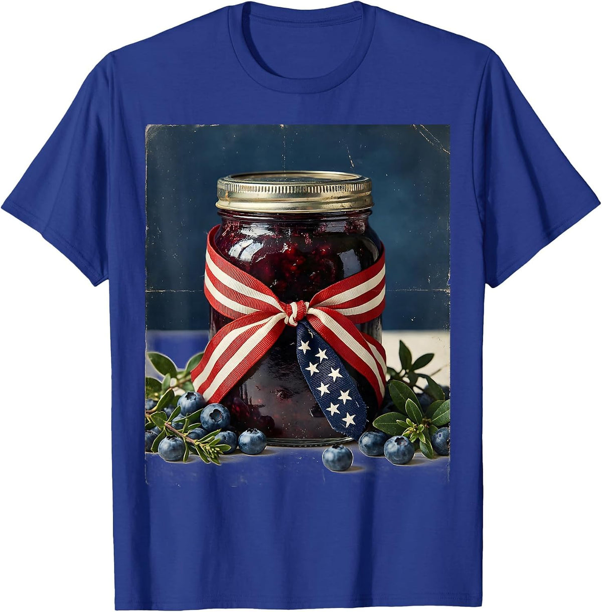 Red White and Blueberries Jam Jar Flag Ribbon T-Shirt, Men, Royal Blue, Large - As Pictured