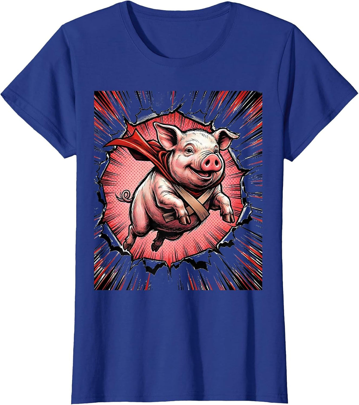 Women's Cheerful Pig Comic Book Animal Lover Novelty Humor T-Shirt - Royal Blue