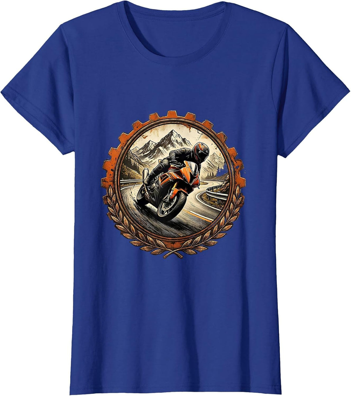 Women's Motorcycle Mountain Curve Lean Riding Graphic T-Shirt - Royal Blue