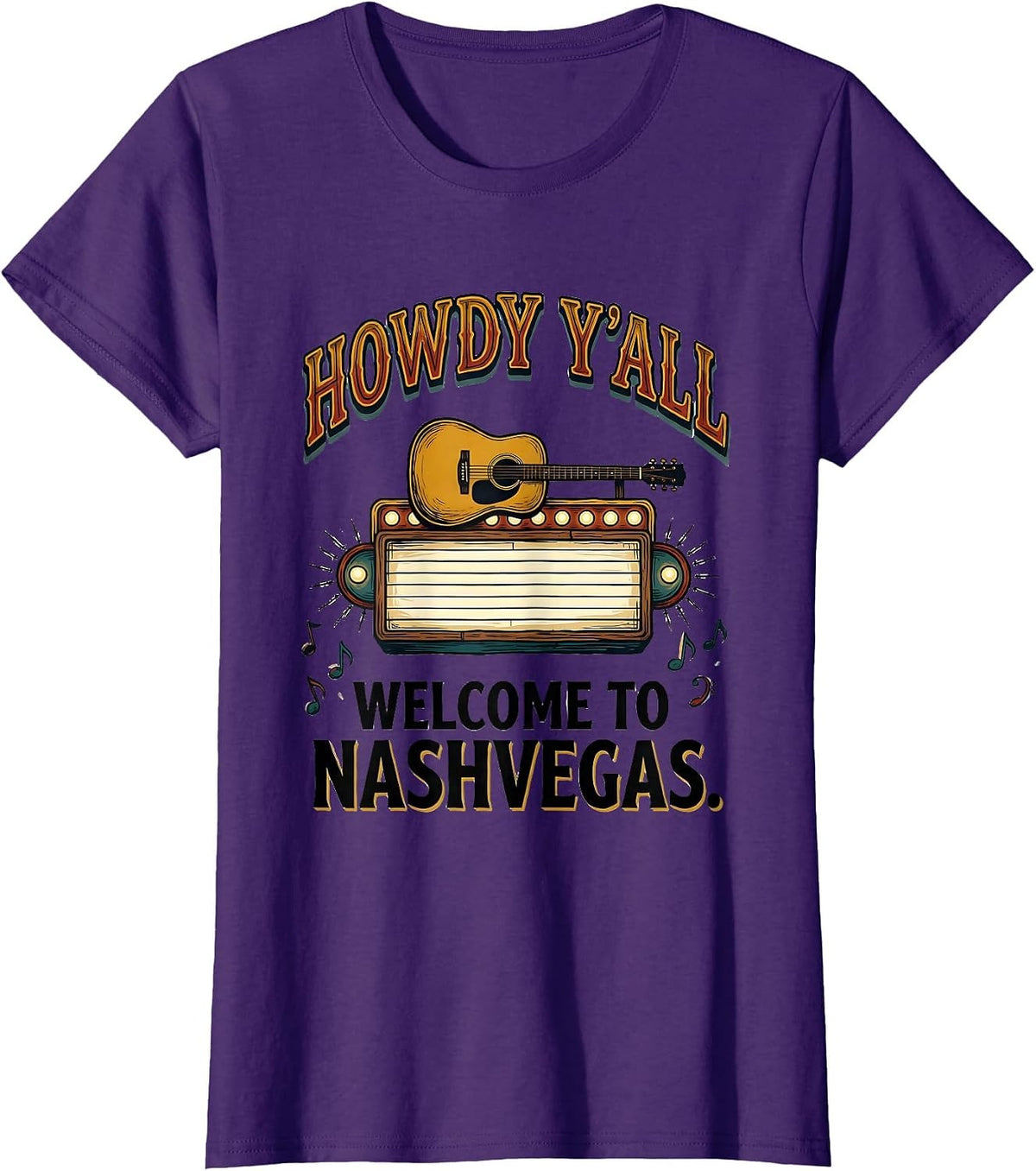 Women's Howdy Y'All, Welcome To Nashvegas Nashville Guitar Souvenir T-Shirt - Purple