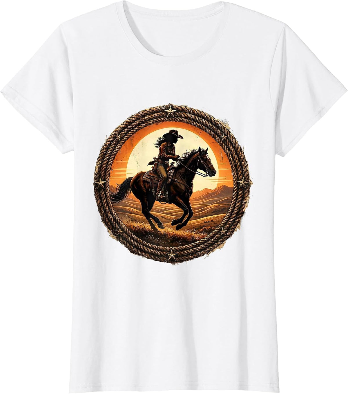 Women's Cowgirl Silhouette Riding Horse at Dusk T-Shirt - White