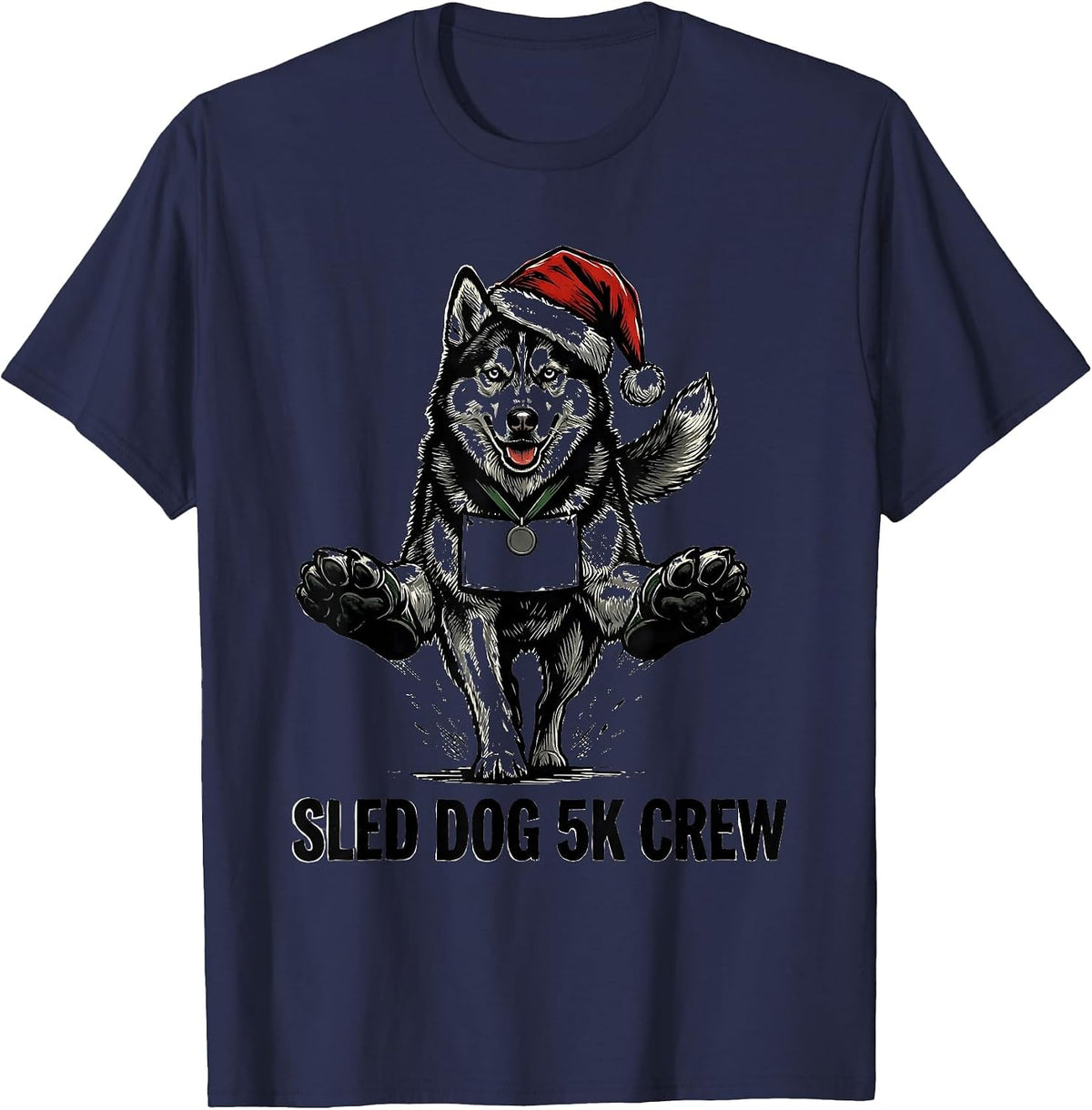 Men's Sled Dog 5K Crew Linocut Funny Christmas Run Runner Gift T-Shirt - Navy Blue