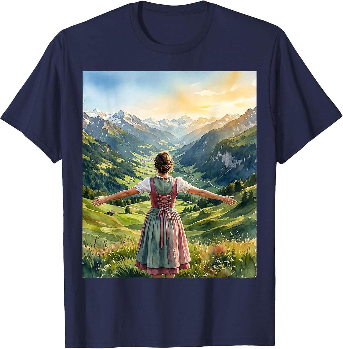 Oktoberfest Bavarian Mountain Valley Gazing T-Shirt - Navy Blue