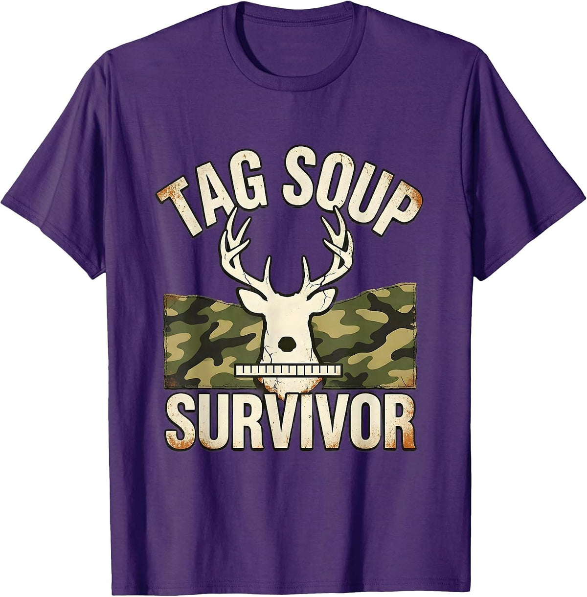 Men's TAG SOUP SURVIVOR Distressed Deer Hunting Camo Hunter Gift T-Shirt - Purple