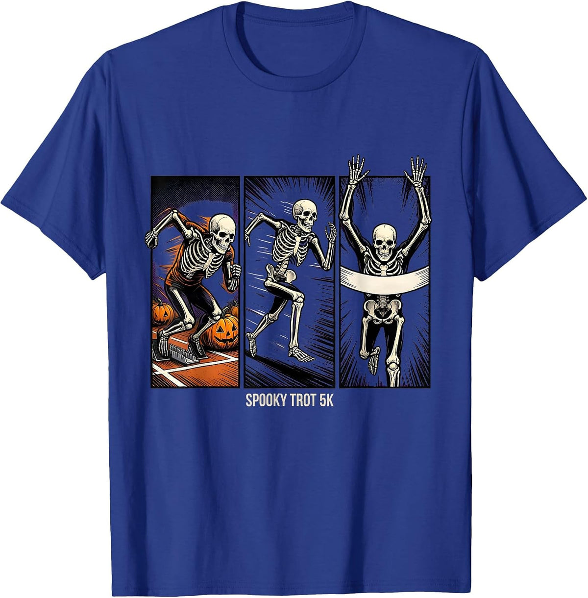 Men's Spooky Trot 5K Comic Book Skeleton Runner Halloween Fun Run T-Shirt - Royal Blue