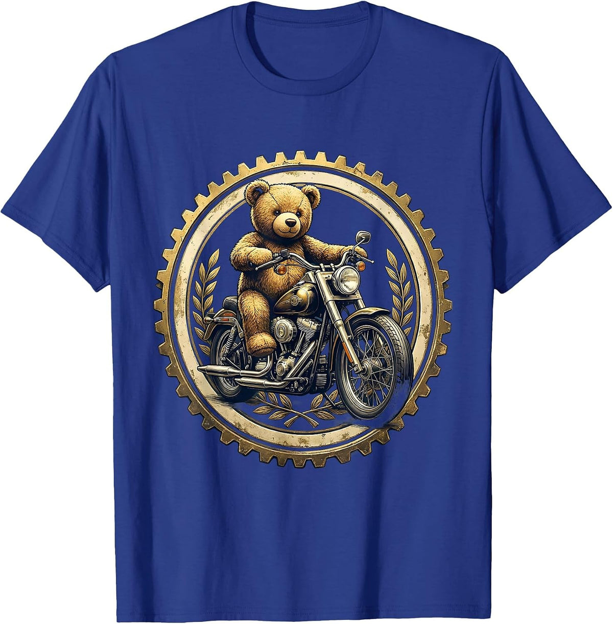 Teddy Bear Riding Vintage Motorcycle Graphic Tee T-Shirt - Royal Blue