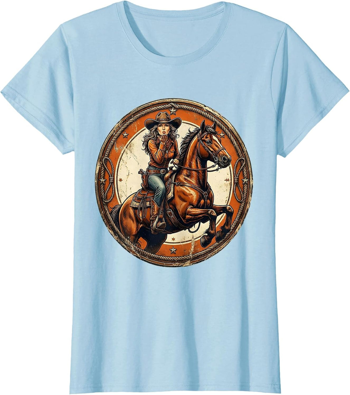 Women's Sassy Cowgirl Blowing Kiss From Horseback T-Shirt - Baby Blue