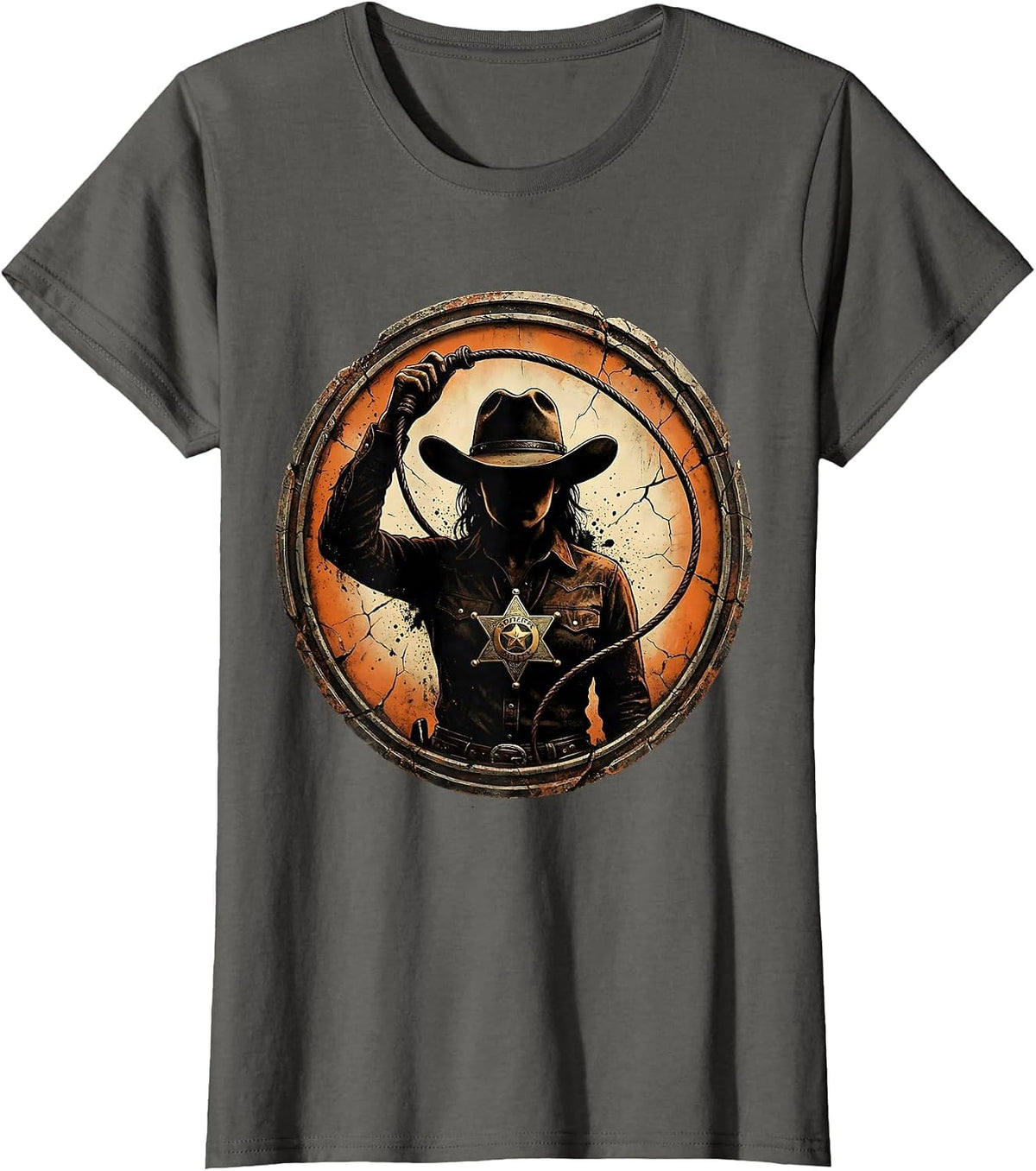 Women's Fierce Cowgirl Sheriff Star Raised Lasso Illustration T-Shirt - Asphalt Grey