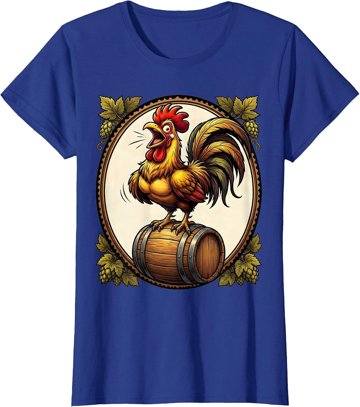 Women's Rooster on a Beer Keg Graphic Design T-Shirt - Royal Blue