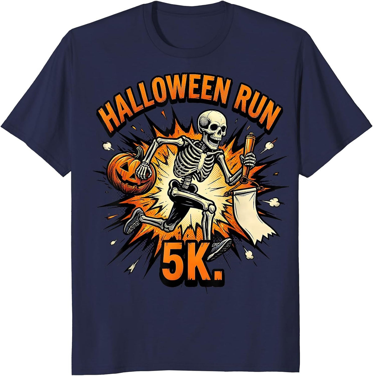 Halloween Run 5K Comic Book Skeleton Runner Funny Matching T-Shirt - Navy Blue