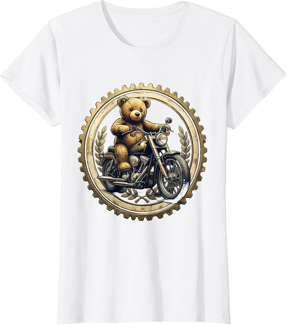 Teddy Bear Riding Vintage Motorcycle Graphic Tee T-Shirt - White