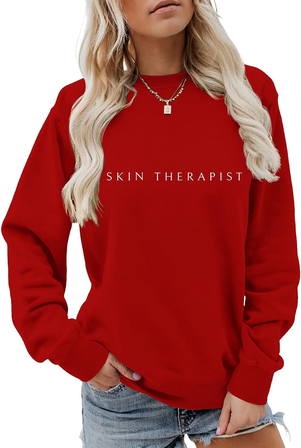 Skin Therapist Sweatshirt For Women Crewneck Esthetician Pullover Sweater Long Sleeve Skin Therapist Shirts - Red
