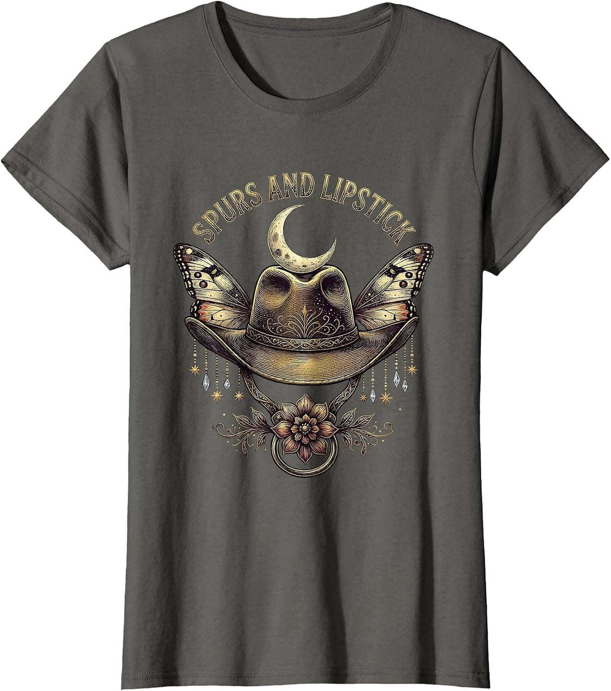 Women's Spurs and Lipstick Cowboy Western Design T-Shirt - Asphalt Grey