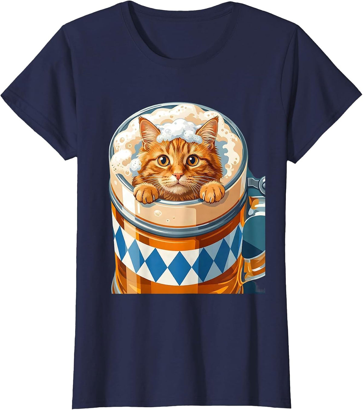 Women's Funny Oktoberfest Cat Peeking Into Beer Stein T-Shirt - Navy Blue