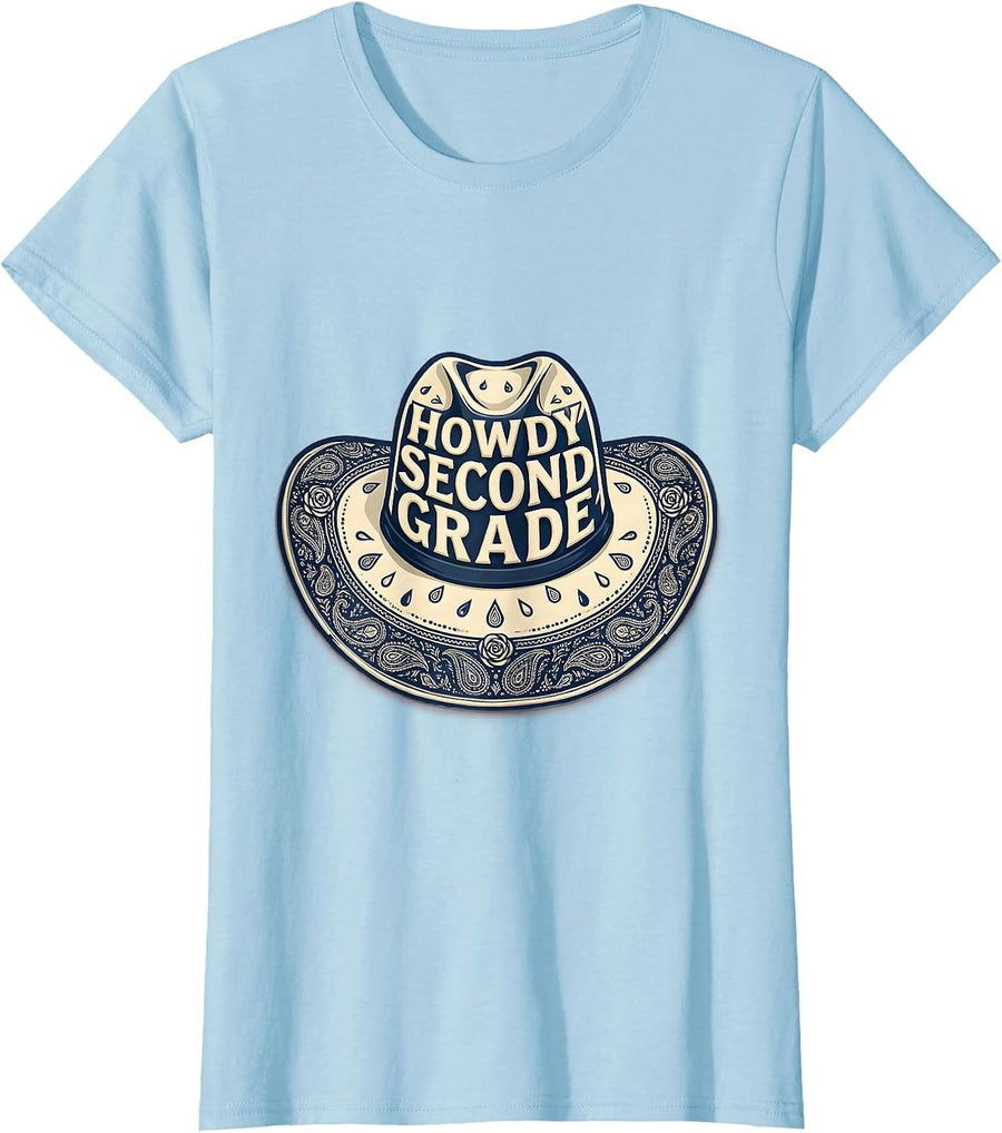 Women's Howdy Second Grade Western 2nd Grade Teacher Back To School T-Shirt - Baby Blue