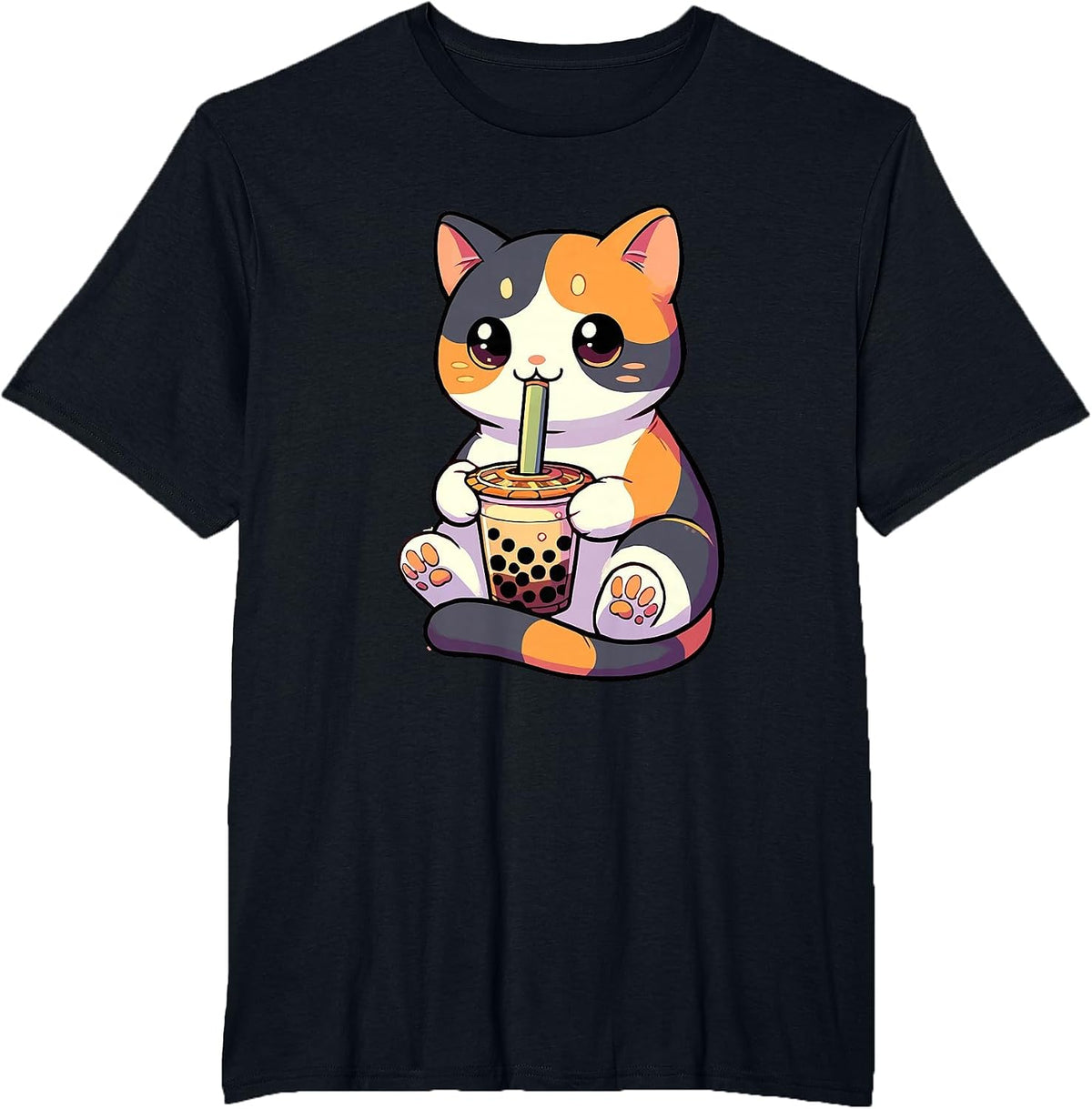 Cat Drinking Boba Feline Japanese Pet Kawaii Boba Calico Cat T-Shirt - Black