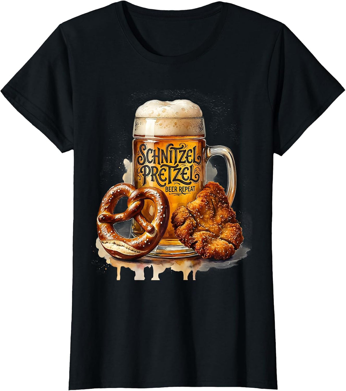 Women's Schnitzel Pretzel Beer Repeat Oktoberfest Design T-Shirt - Black