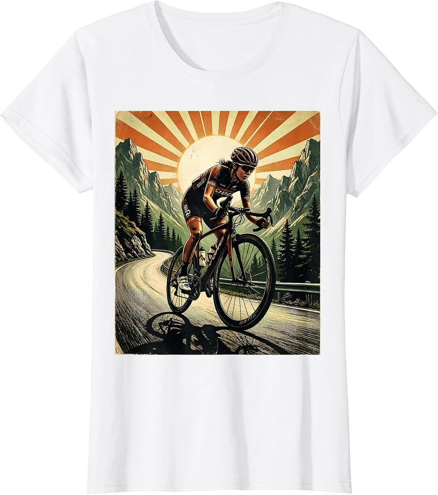 Women's Cyclist Climbing Mountain Road Graphic T-Shirt - White