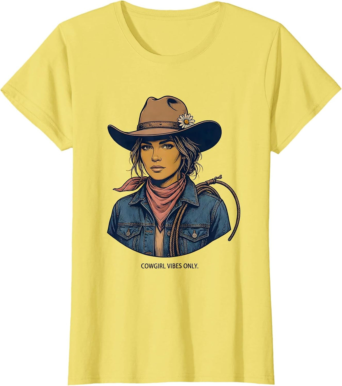 Cowgirl Vibes Only Denim Western Design T-Shirt - Lemon Yellow