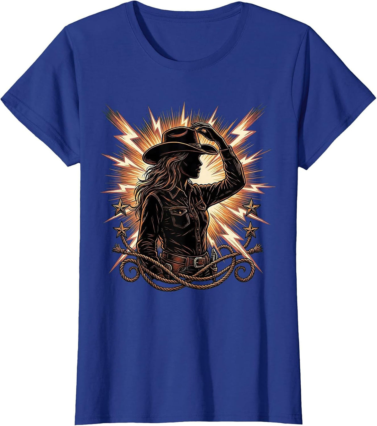 Women's Cowgirl Tipping Hat Lightning Bolt Illustration T-Shirt - Royal Blue