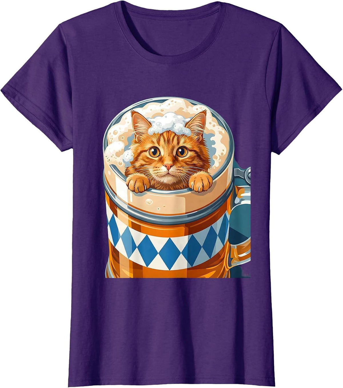 Women's Funny Oktoberfest Cat Peeking Into Beer Stein T-Shirt - Purple