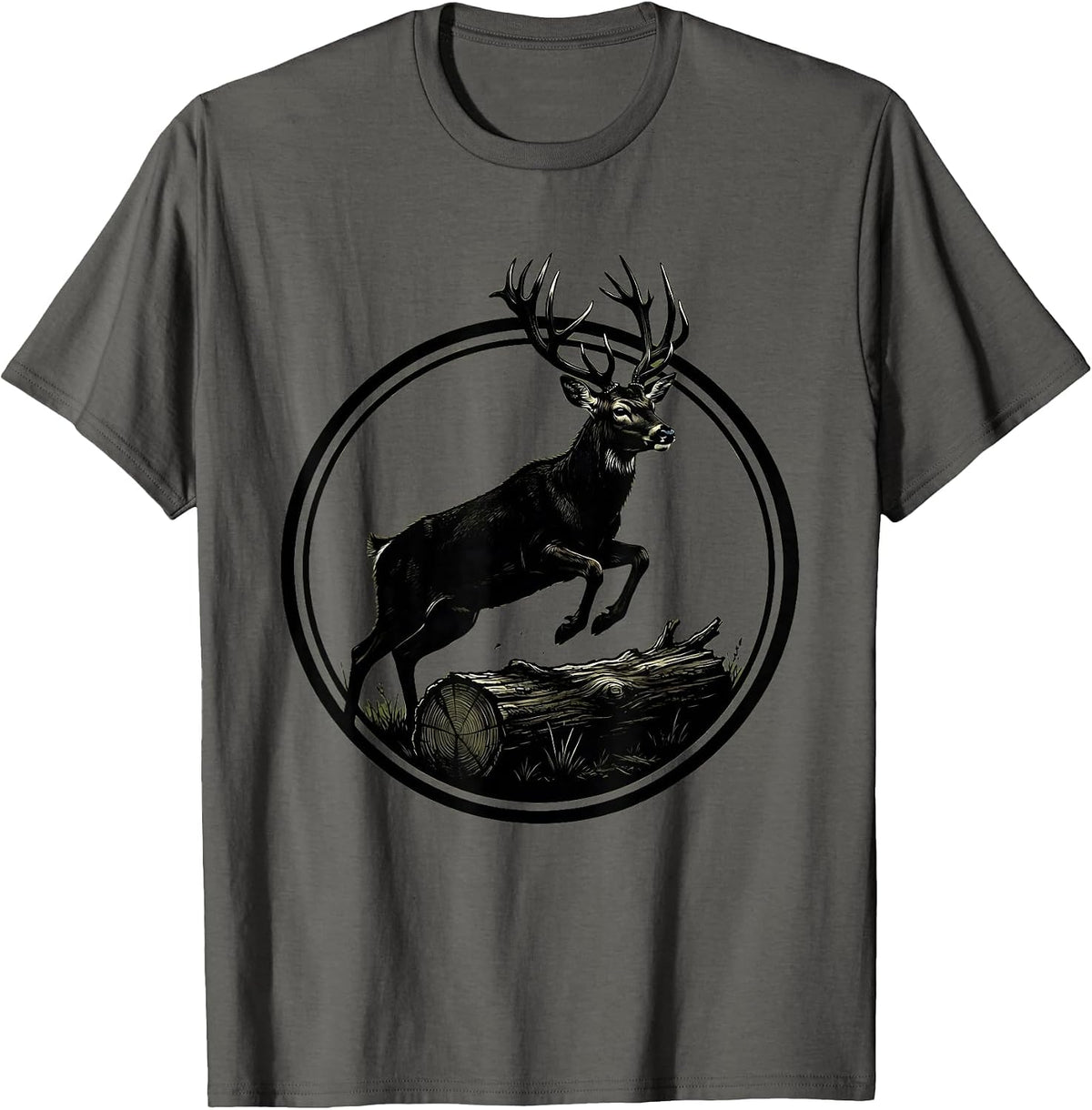 Men's Camo Buck Deer Leaping Over Fallen Log T-Shirt - Asphalt Grey