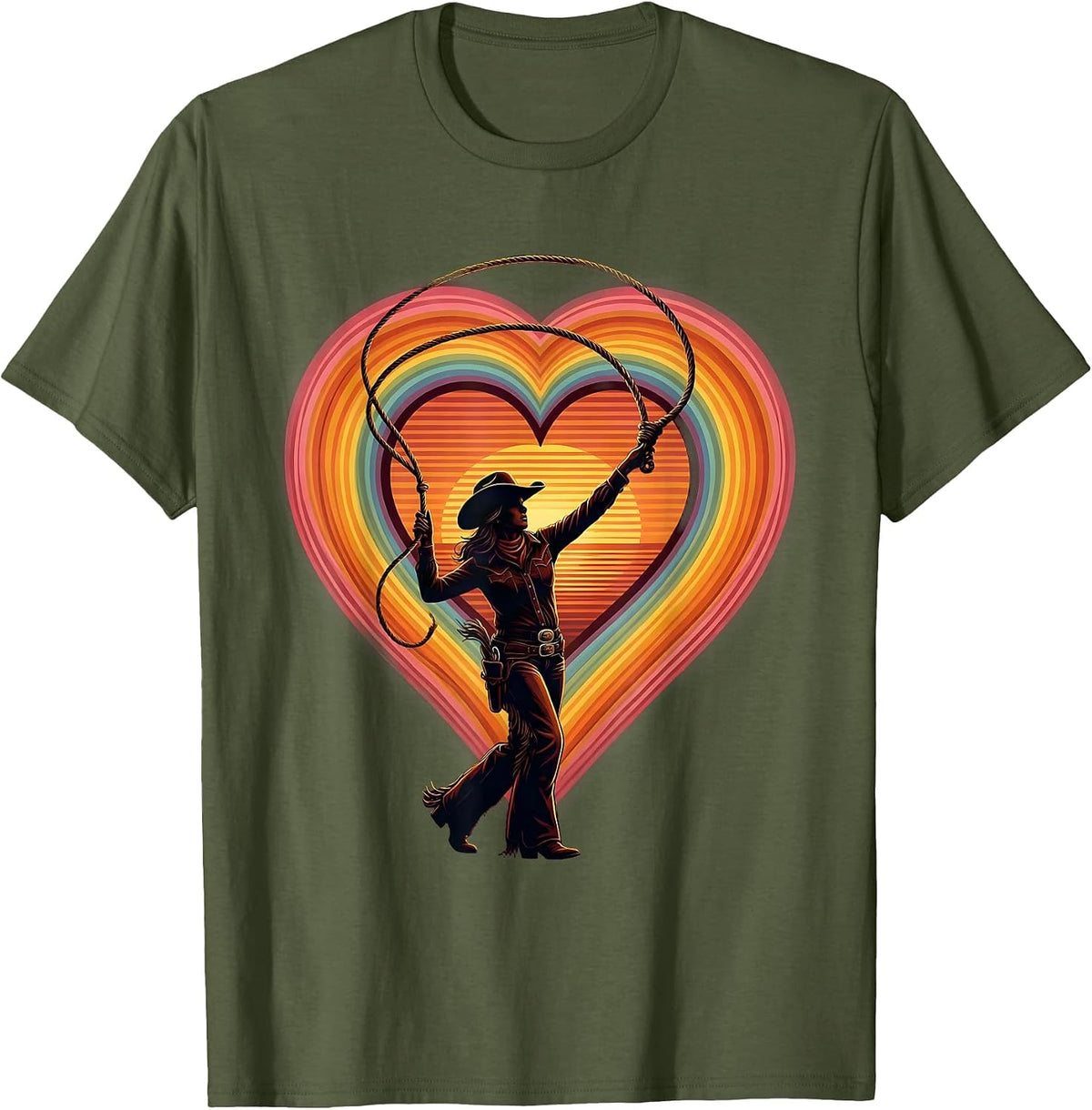 Pink Cowgirl Lasso Heart Graphic Design T-Shirt - Olive Green