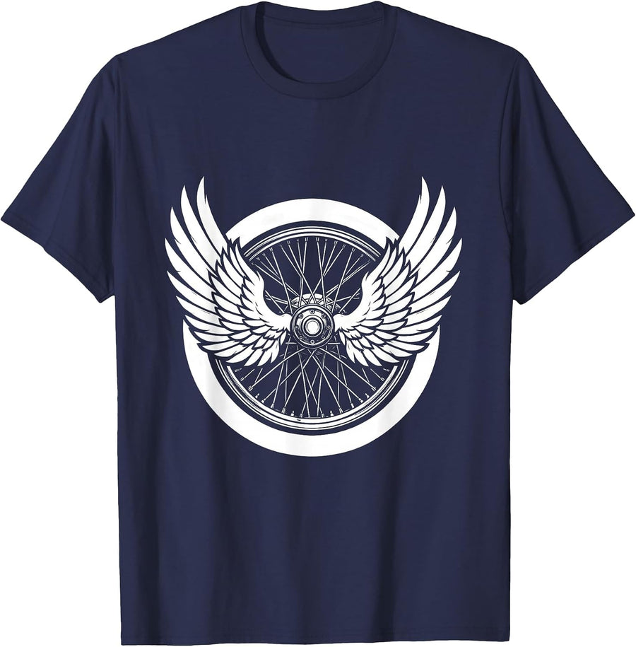 Winged Motorcycle Wheel Freedom Burst Graphic T-Shirt - Navy Blue
