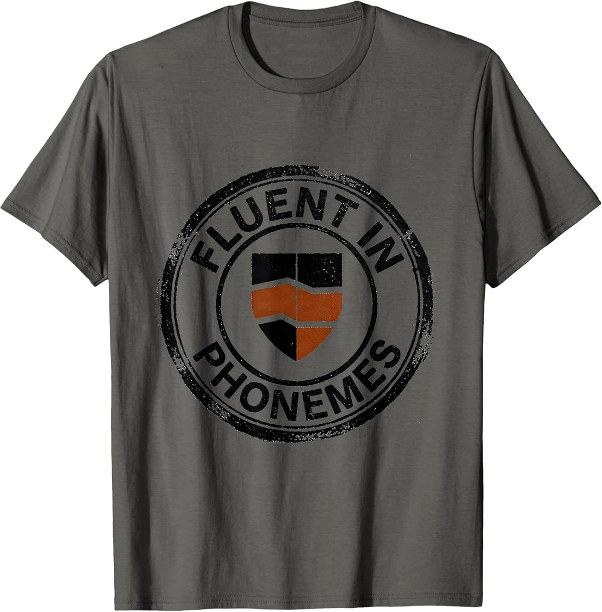 Fluent In Phonemes Rubber Stamp Dyslexia Teacher Awareness T-Shirt - Asphalt Grey