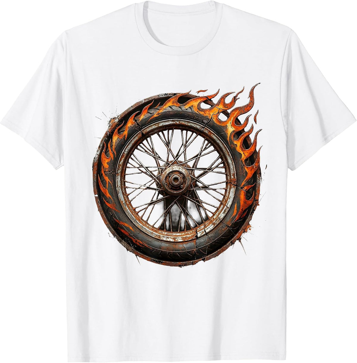 Men's Motorcycle Wheel Spinning Flames Graphic Tee T-Shirt - White
