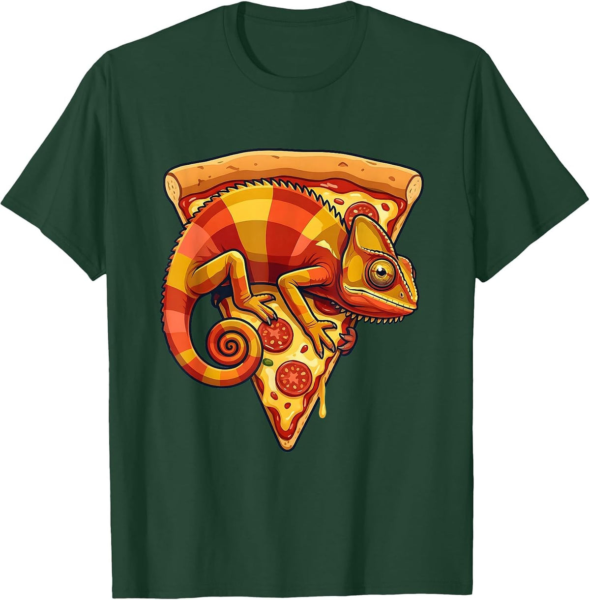 Chameleon Pizza Slice Funny Lizard Meme Graphic T-Shirt - Dark Green