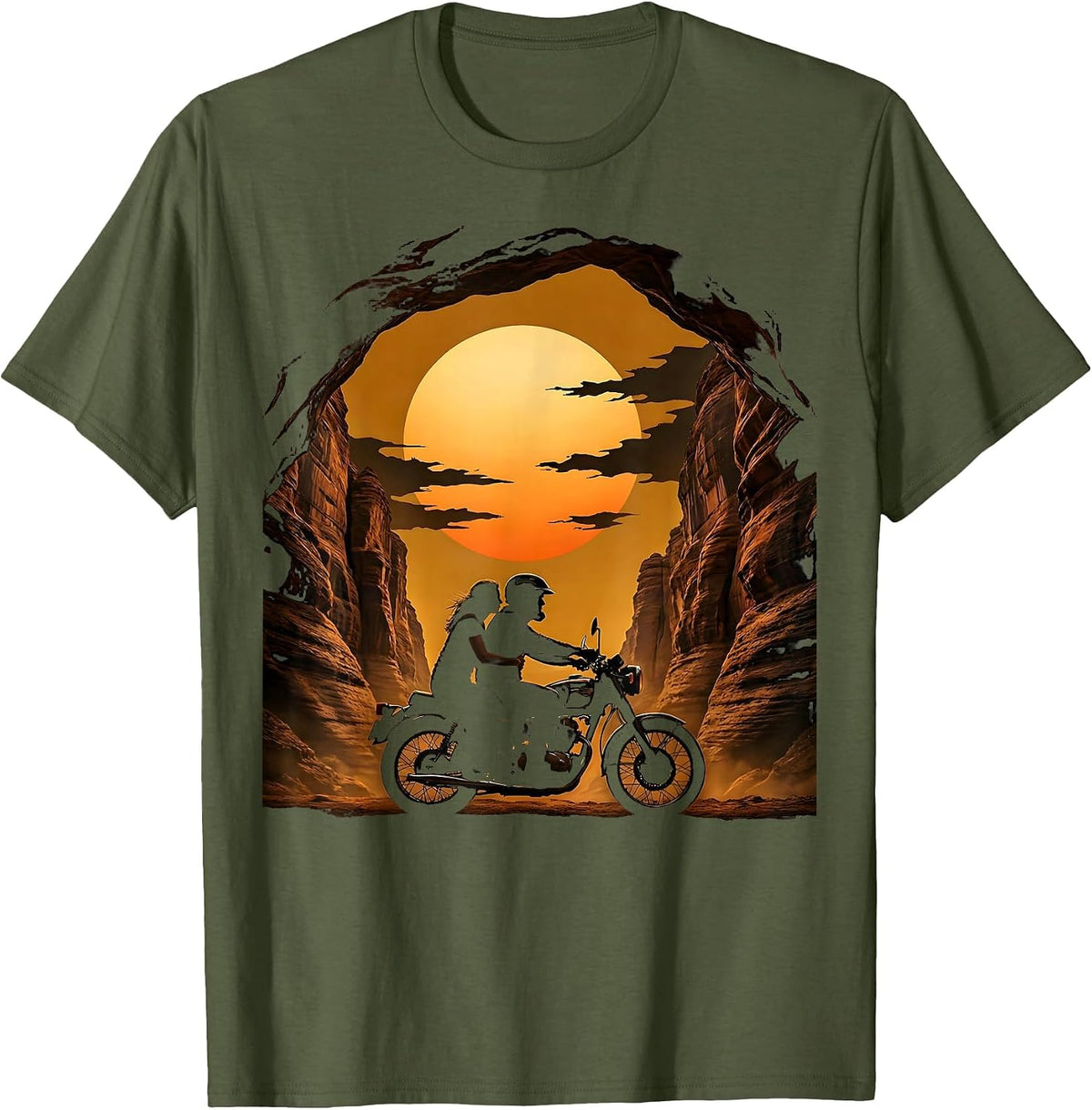 Men's Couple Motorcycle Desert Canyon Sunset Graphic T-Shirt - Olive Green