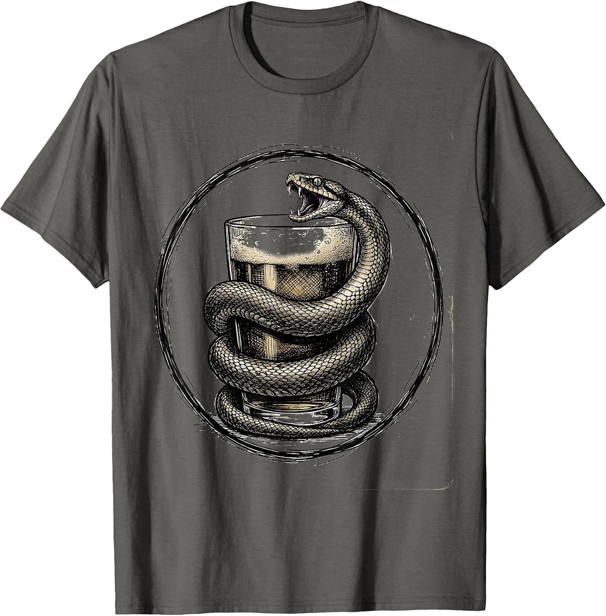 Snake Coiled Around Pint Glass Beer Graphic T-Shirt - Asphalt Grey